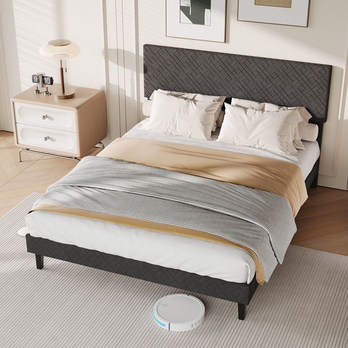 Lit Adulte 140x200 cm ADWOLT Structure de Lit avec Sommier à Lattes Lit pour 2 Personne tissu en lin Gris