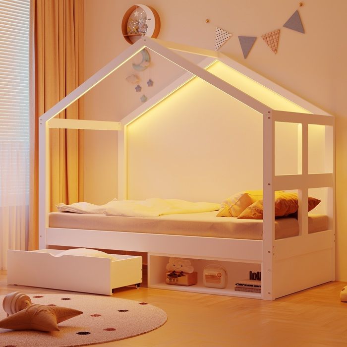 Lit enfant 90×190 cm lit en bois lit simple avec tiroirs et petit meuble à chaussures LED multicolore sommier à lattes blanc