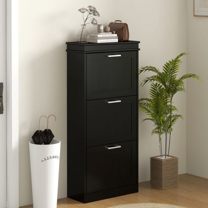 MOTHINESSTO4832-Meuble à chaussures armoire à chaussures 3 portes abattants 15 paires étagères réglables 54 x 24 x 117 5 cm noir