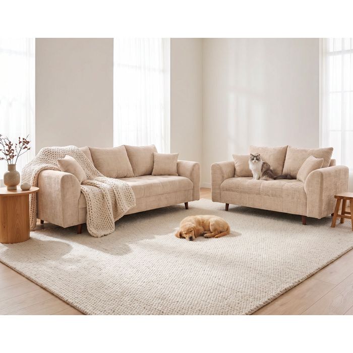 Rune - Ensemble de canapés droits 2+3 places velours texturé - Beige