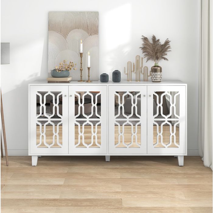 Buffet Moderne VIVRYN Buffet Bas Buffet blanc miroir poignées en cristal 4 portes 160 x 40 x 84 cm