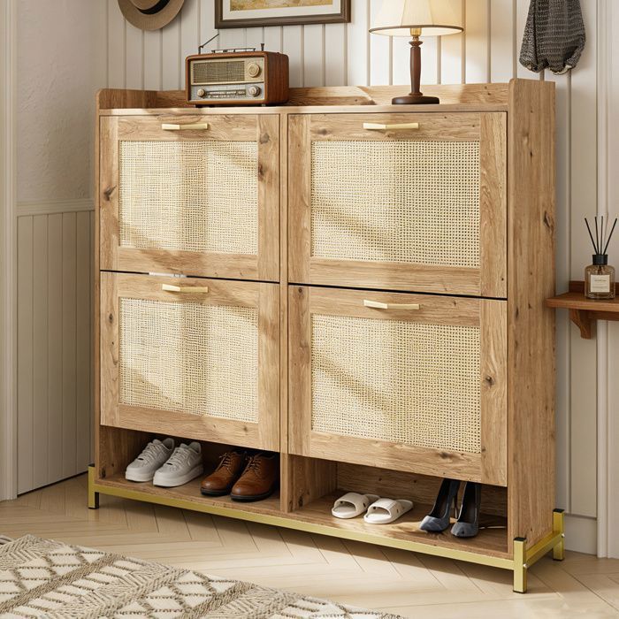 Meuble à chaussures - 4 abattants 108 5 cm - Bois clair - Profondeur 24 cm - Poignées dorées