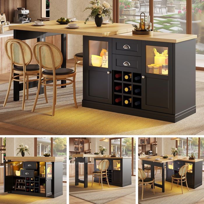 Table de bar extensible 120-197x40-80x74cm îlot de cuisine Table à manger pliante Table bistro avec LED 2 tiroirs 2 portes - noir