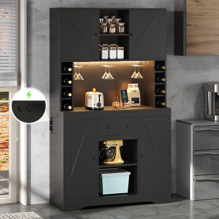 Buffet de cuisine noir 105 x 39 x 180 cm avec LED prises intégrées 1 tiroir casiers à bouteilles