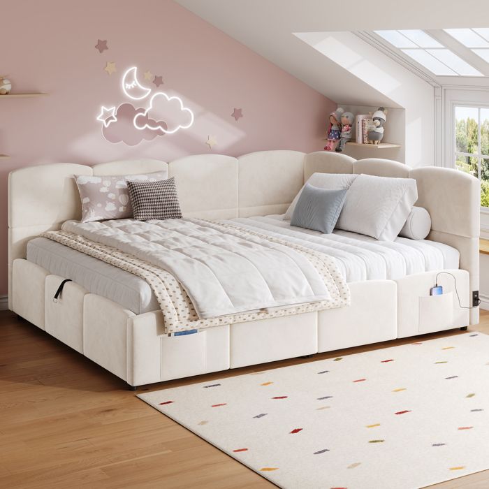 Lit banquette coffre 140x190 cm-rangement hydraulique-sommier à lattes-USB-A/USB-C-poches latérales-velours-Beige-sans matelas