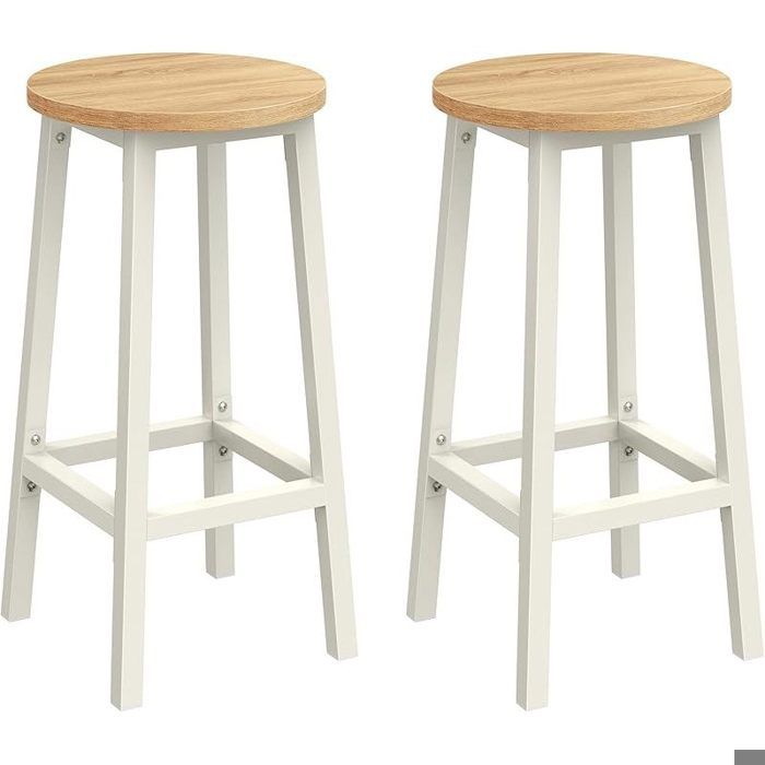 Tabourets de Bar Lot de 2 Chaises Siège Haut Cadre Métallique Montage Facile Hauteur 65 cm Repose-pieds Beige Chêne et Blanc