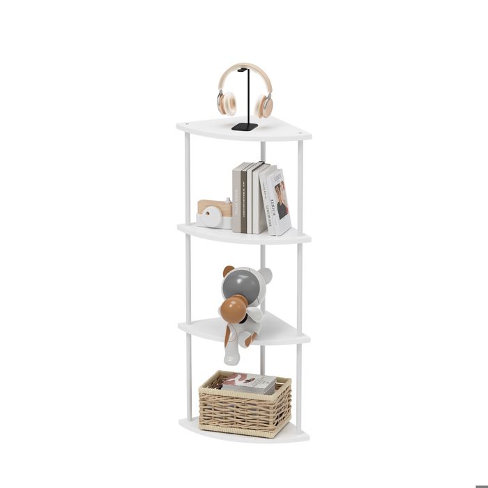 Bibliothèque à 4 Niveaux Blanc Étagère dangle Vintage pour salon chambre Porte-Plante avec Cadre Acier et Bois MDF 30x30x93cm