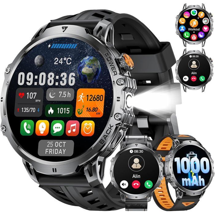 Montre Connectée Homme Avec 1000Mah 1.85 Smartwatch Avec Appel Bluetooth 100+ Modes Sportifs/Led Lampe Ip68 Étanche Fréquence Car