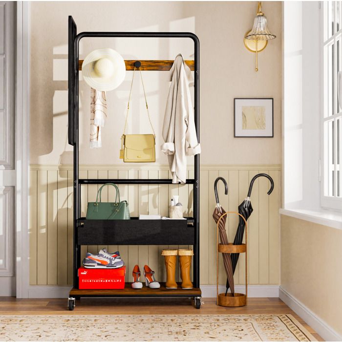 WOVREO Vestiaire mobile 3-en-1 70 x 40 x 170 cm avec miroir latéral panier étagère et roulettes