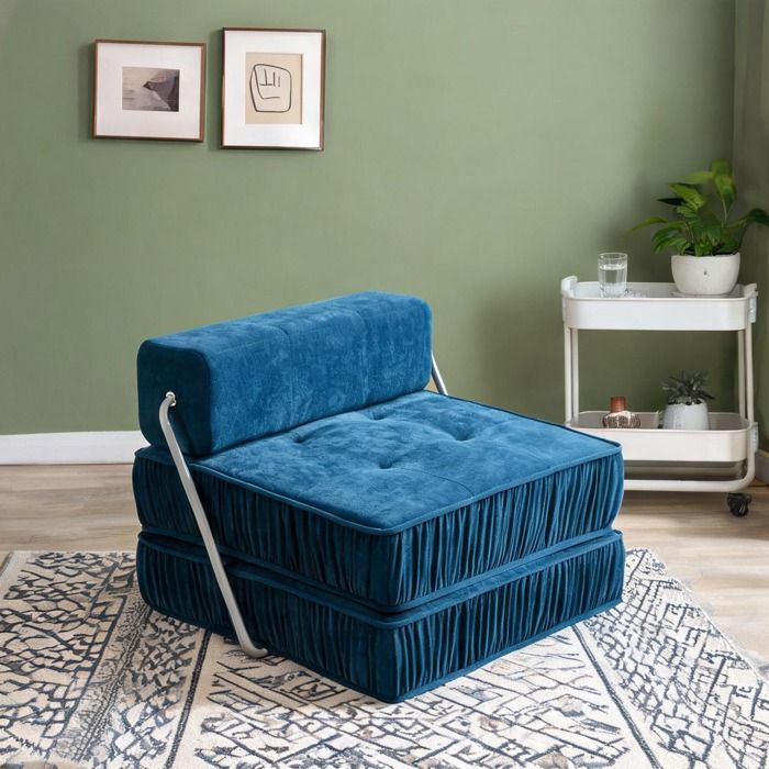 Canapé futon pliant en mousse et ressorts soft blue convertible en matelas dossier amovible pour petit espace