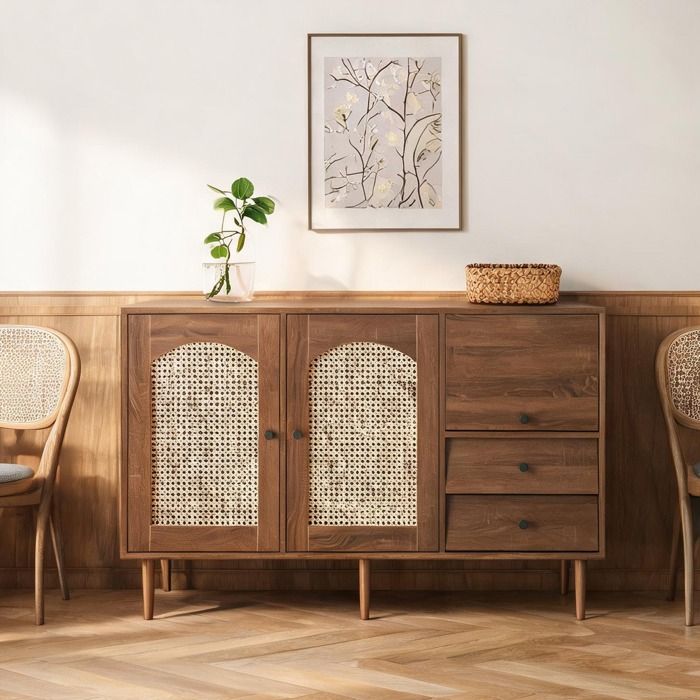 Meuble de rangement 2 portes 2 tiroirs en panneaux de particules effet bois – 130 cm – Style campagne avec portes en rotin
