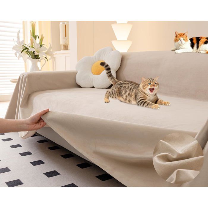 Housse de canapé 3 places anti-griffure et impermeable - 340 x 180 cm antidérapant café clair chien chat animal