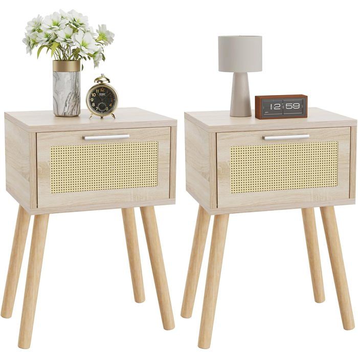 Lot de 2 tables de chevet en rotin - tiroir magnétique et rangement - 35 x 27 x 53 cm - pieds en bois - naturel