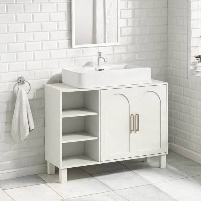Meuble sous lavabo 90 cm avec placard 2 niveaux et étagères finition crème MDF
