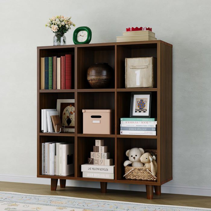 Etagère milieu siècle 9 niveaux cubes bois brun rustique pied antidérapant salon bureau
