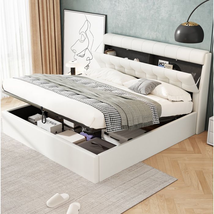 Lit rembourré hydraulique 160x200 cm - PU blanc - coffre de rangement - sommier à lattes - sans matelas