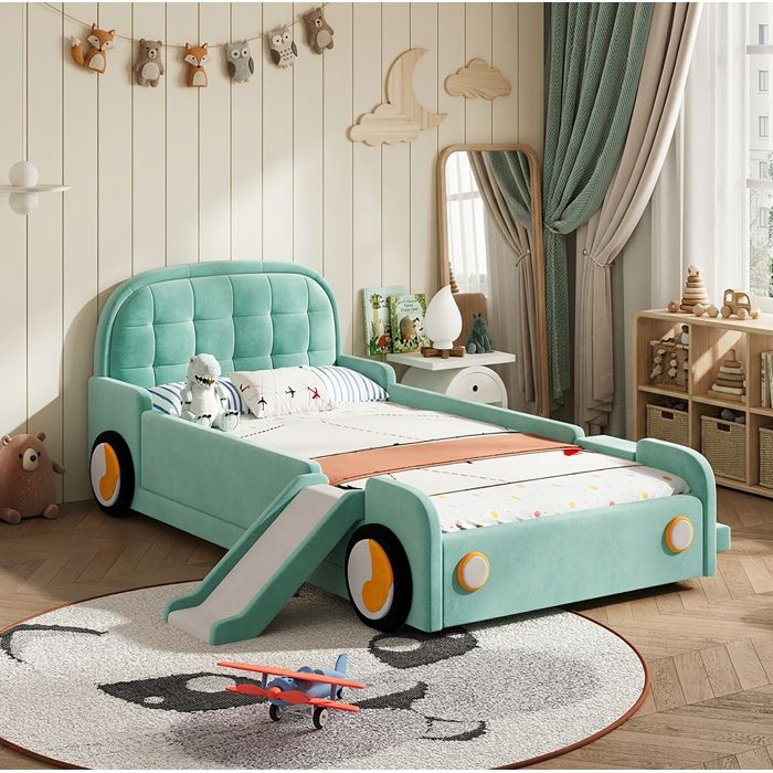 WOVREO Lit enfant voiture 90 x 200 cm toboggan et escalier réversibles velours bleu-vert lit rembourré