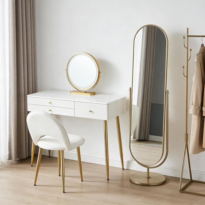 VUENOR coiffeuse 100x40x122 cm blanc et doré – miroir LED 3 tiroirs chaise incluse