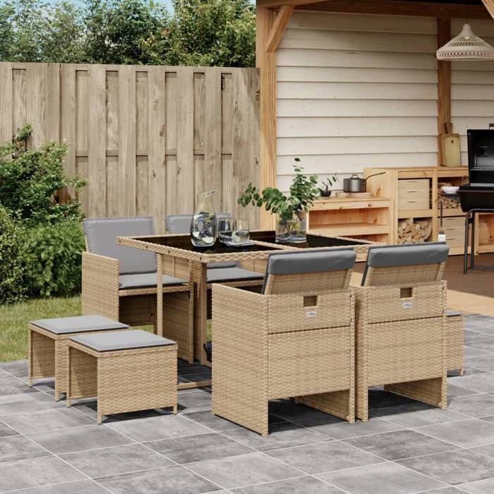 Beige Ensemble à manger de jardin et coussins 9 pcs mélange beige - Meuble de balcon LV55705