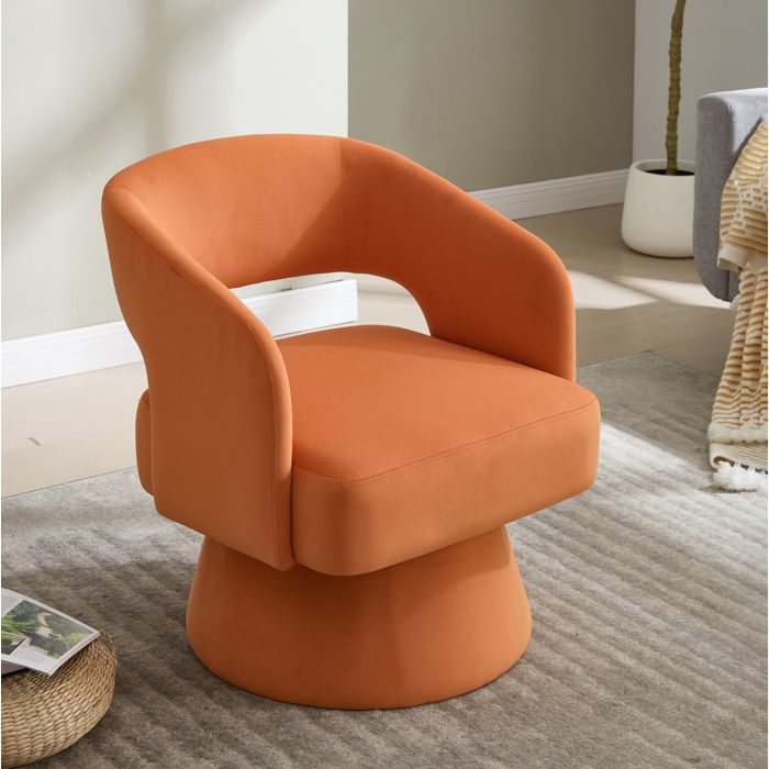 Fauteuil pivotant 360° orange en chenille effet velours dossier ouvert accoudoirs base métal 1 place JOINERY