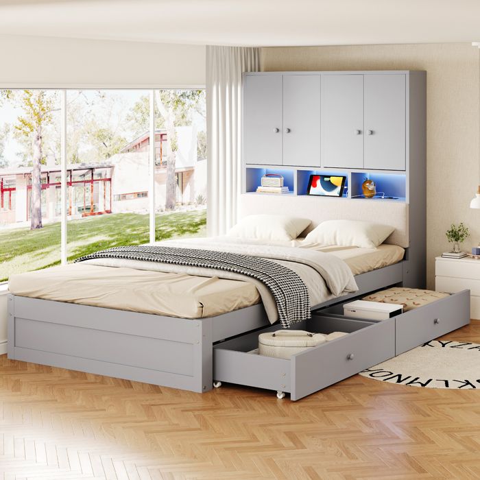 Lit combiné enfant 90 x 200 cm avec dossier rembourré 2 tiroirs rangements LED prises USB bois Gris