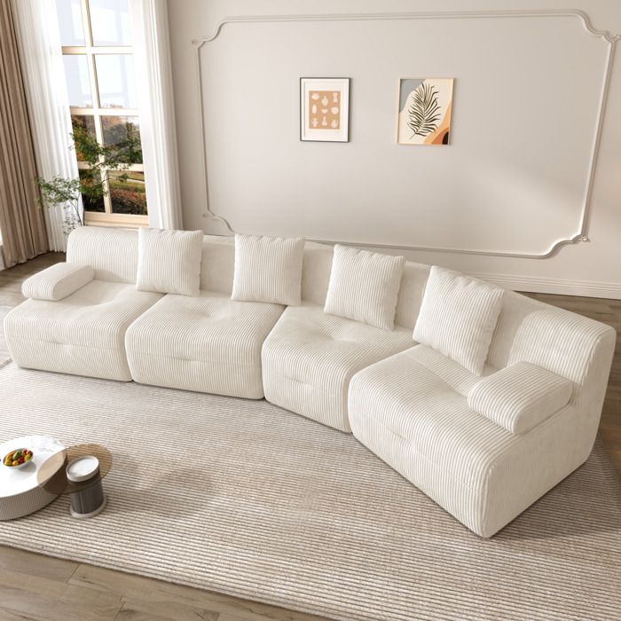 WUVRIE Canapé modulable compressé 4 places en tissu corduroy beige 4 modules indépendants livré monté