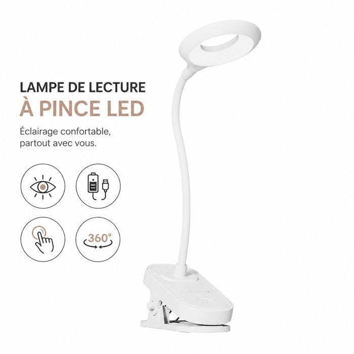 Lampe de lecture – LED rechargeable pince 360° flexible – bureau chambre dortoir – 31x11x5.4cm Blanc