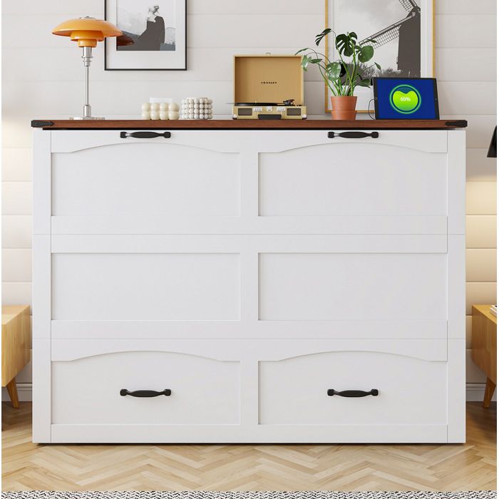 Lit escamotable 140 x 200 cm AESVAR cadre extensible avec rangement métal et bois blanc