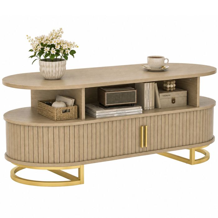 Table basse - HOMCOM - ovale - portes à tambour coulissantes rangement fermé et étagères ouvertes - bois - 120x50x47 5cm - chêne Table basse - HOMCOM - ovale - portes à tambour coulissantes rangement fermé et étagères ouvertes - bois - 120x50x47 5cm - chêne