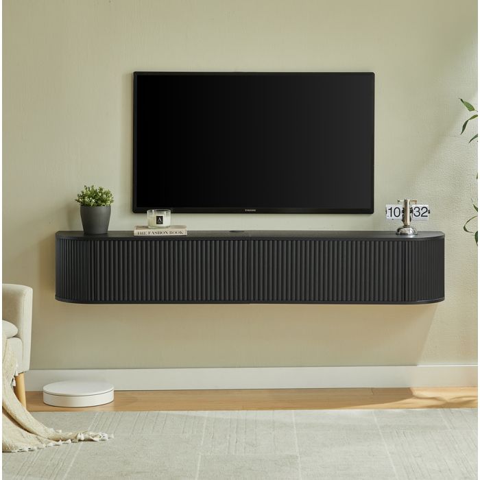 COVREO Meuble TV suspendu 180 cm noir rangement fermé portes rainurées et passe-câbles intégré
