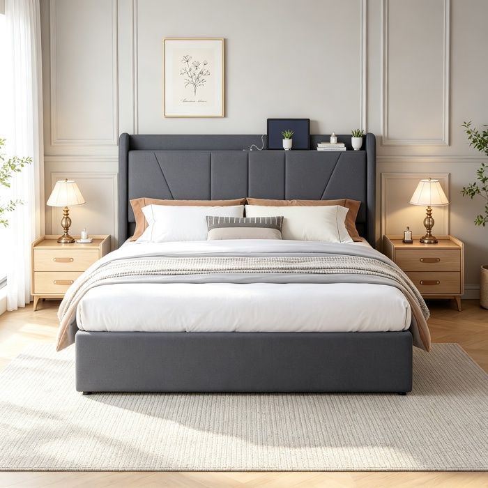 Lit 160x200 cm coffre de lit ports USB sommier à lattes tissu en lin gris