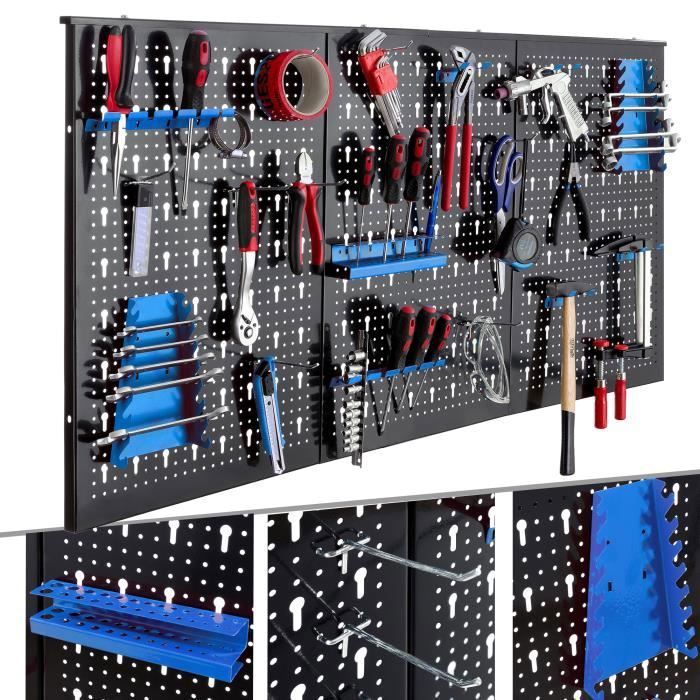 AREBOS Paroi à outils en trois parties | Jeu de 17 crochets bleu | 120 x 60 x 2 cm | Paroi à outils perforée en métal