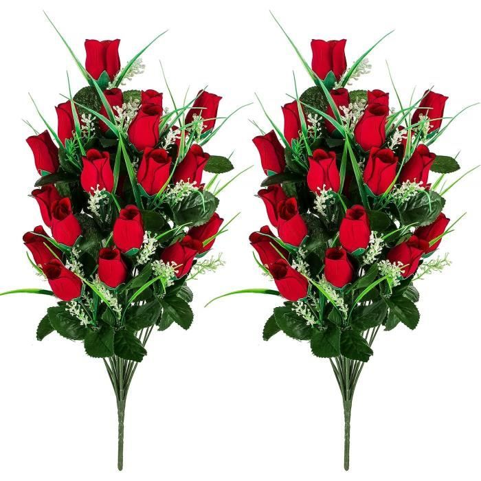 2 Bouquets Fleurs Artificielles Pour Cimetière Avec Vase – Roses Bleu Et Blanc, Résistantes Intempéries