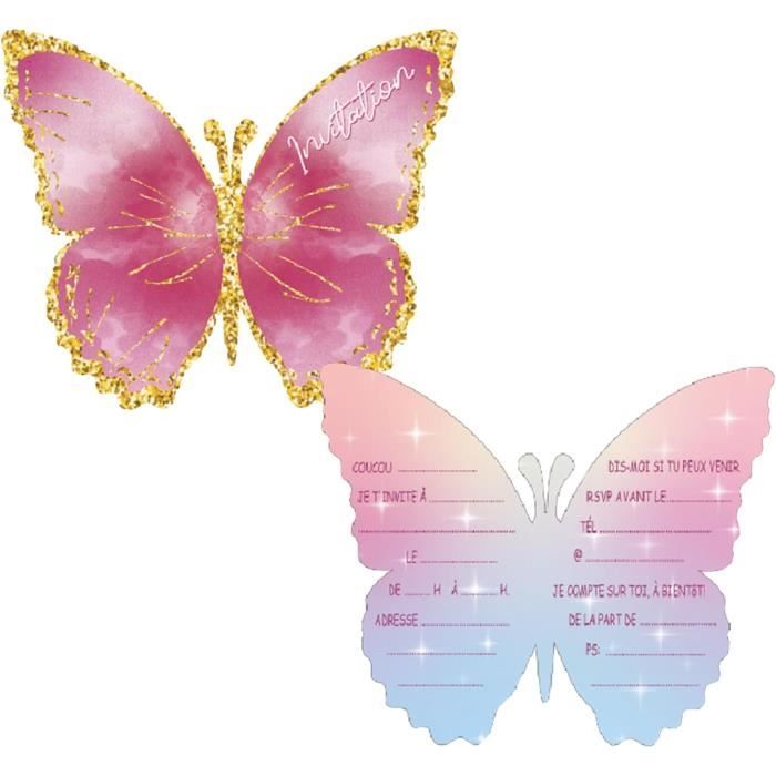 Cartes D'invitation Anniversaire Fille - Lot De 12 Avec Enveloppes Et Autocollants - Design Papillon Rose