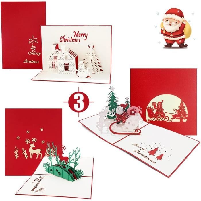 6 Cartes De Noël Pop-up 3D - Avec Enveloppes - Sapin, Père Noël - Pour Famille, Amis - 11x22cm