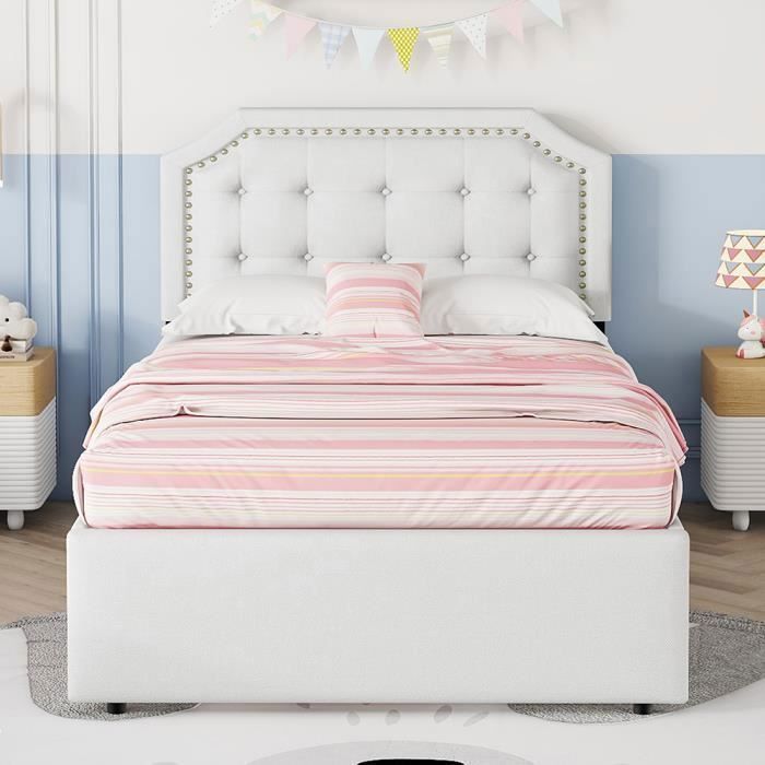 Lit adulte - PUGSDRLY - 90x200 - lin+MDF - 2 tiroirs - tête de lit rivetée beige