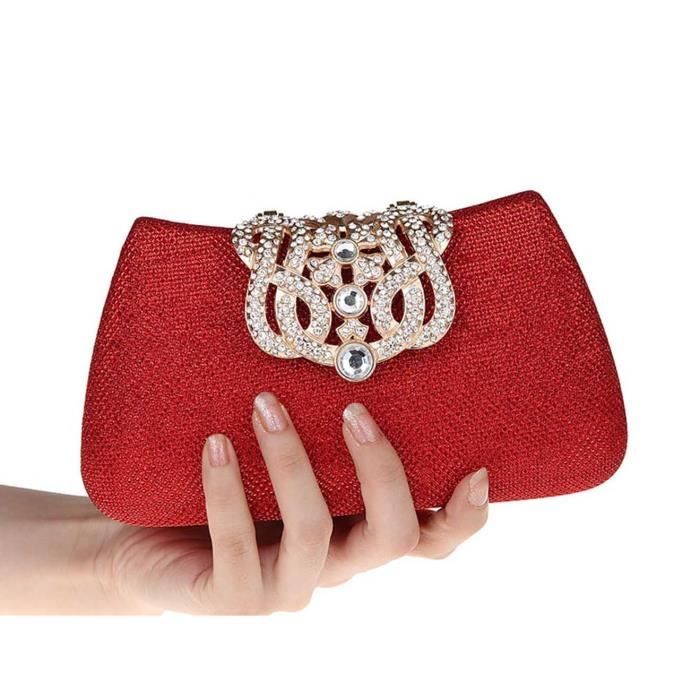 Pochettes Élégant Luxueux Sac a main de Soiree Pochette Soirée de Mariage  Strass Boucle Pochette de Soirée pour Femme Fille Rouge