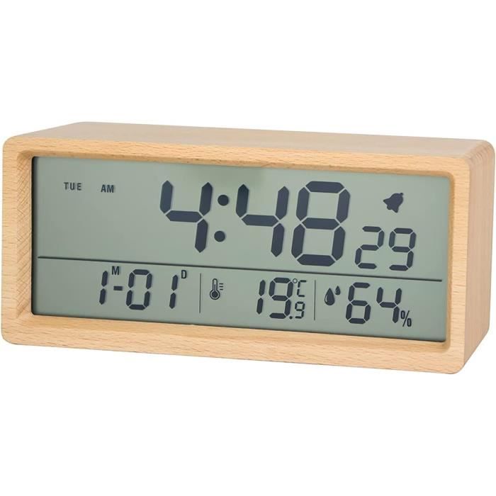 Réveil Numérique En Bois Exyvox - Grand Écran LCD, Capteur Température, Snooze, 12/24H