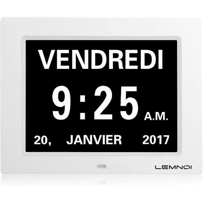 Horloge Numérique 7" Pour Personnes Âgées - Date, Heure, Alarmes - 10 Langues - Blanc
