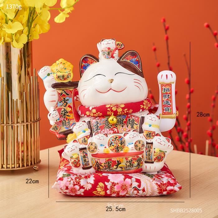 Hauteur 28 cm 11 pouces - Statue de chat porte bonheur en céramique Maneki Neko chat Feng Shui à la main ac