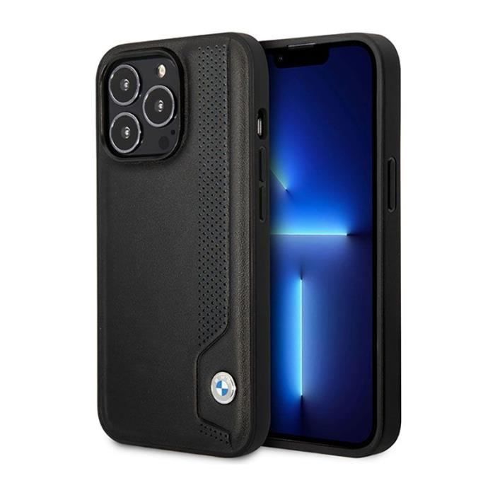 BMW Coque Cuir Blue Dots pour iPhone 14 Pro Max – Noir