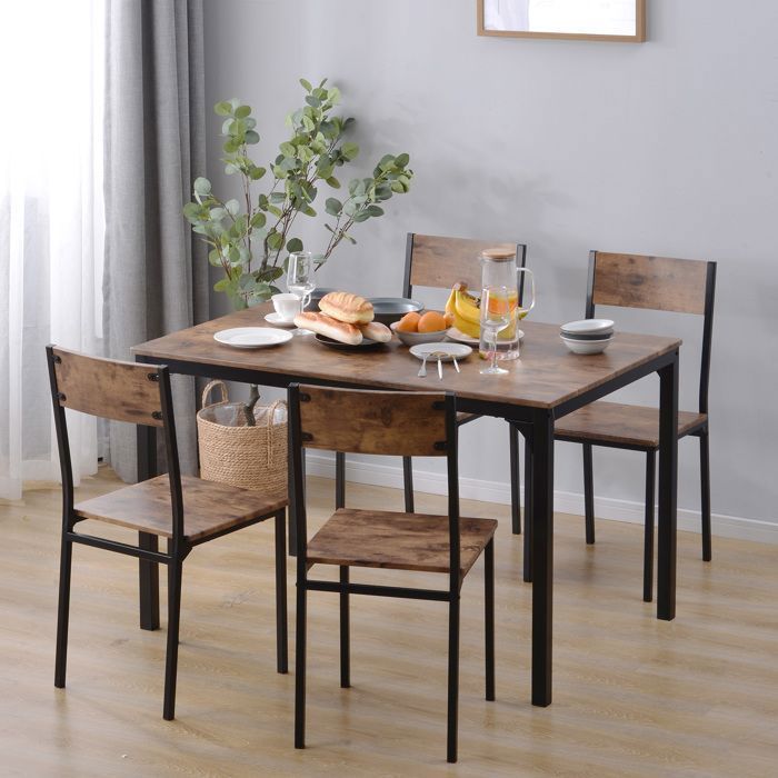 Ensemble Table à Manger avec 4 Chaises (108x65x75 cm)Style IndustrielTable et Chaises Cadre en acier Marron Rustique + Noir