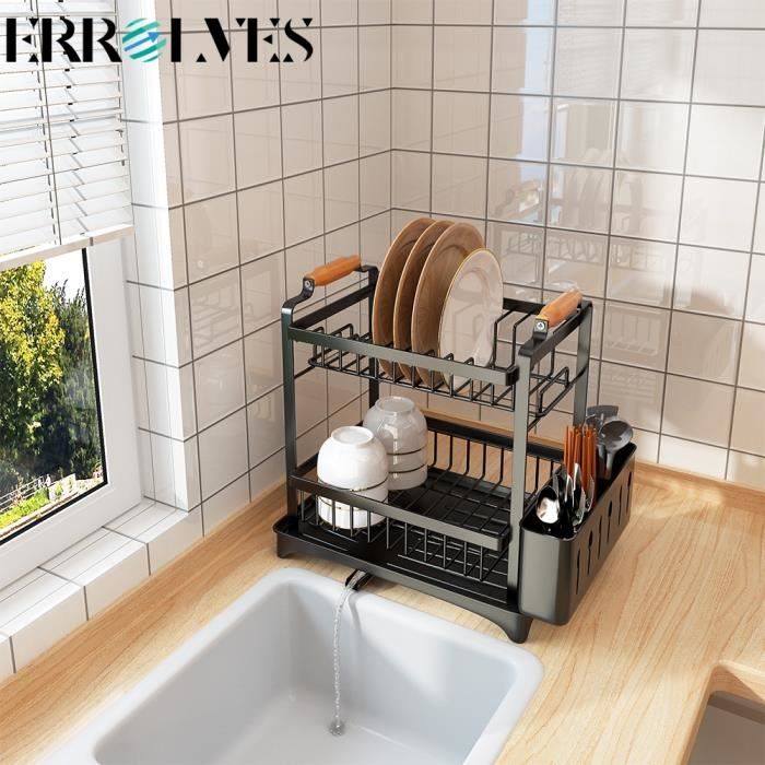 Égouttoir à Vaisselle Pliable 2 étages En Bambou - Avec Support Pour Ustensiles - Gain De Place, Design Naturel - Pour Cuisine, Camping, Petits Espaces - 9