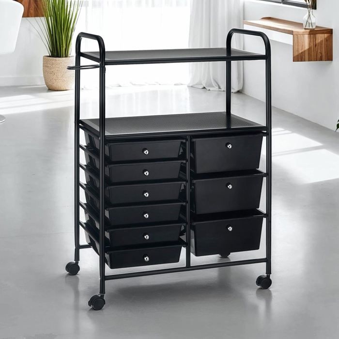 Caisson sur roulettes MARITA chariot 9 tiroirs en plastique noir et 2 étagères rangement salle de bain en métal laqué noir