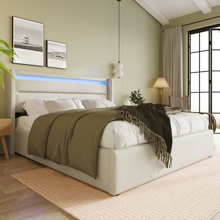 Lit coffre double pour adulte 140 x 200cm en simili cuir avec LED Coffre de rangement Sommier à lattes inclus Contemporain Blanc Lit coffre double pour adulte 140 x 200cm en simili cuir avec LED Coffre de rangement Sommier à lattes inclus Contemporain Blanc