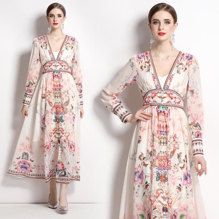 Robe Maxi imprimee Floral pour femmes GRT2287Beige Blanc Cdiscount Pret a Porter