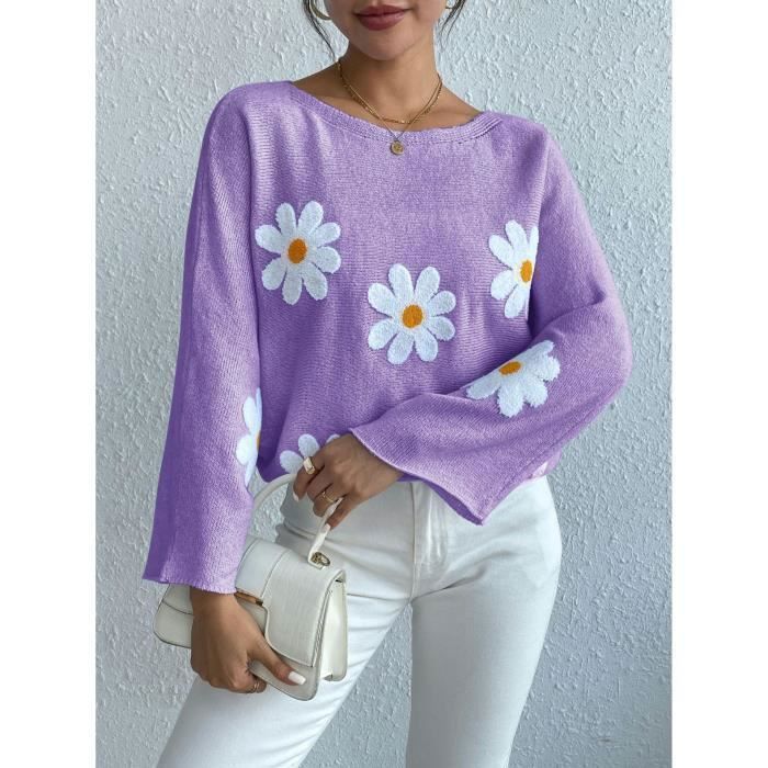 Pull Femme Hiver 2025 - Tendance Bohème Imprimé Floral - Col Rond Manches Longues - Matière Douce Et Élégante - Taille Oversize