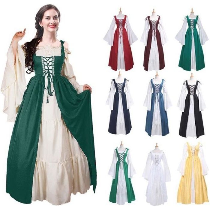 Robe Médiévale Renaissance Évasée Manches Longues Pour Femme - Nuisette Paysanne Costume Halloween Fée Gothique