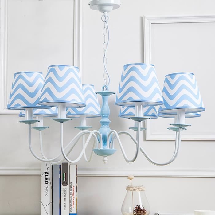 Suspension Plafonnier Enfant 8 Tetes Abat Jour A Rayure Bleu En Tissu Pour Chambre Bebe Fille Garcon E14 8 O59cm 32cm A Cdiscount Maison