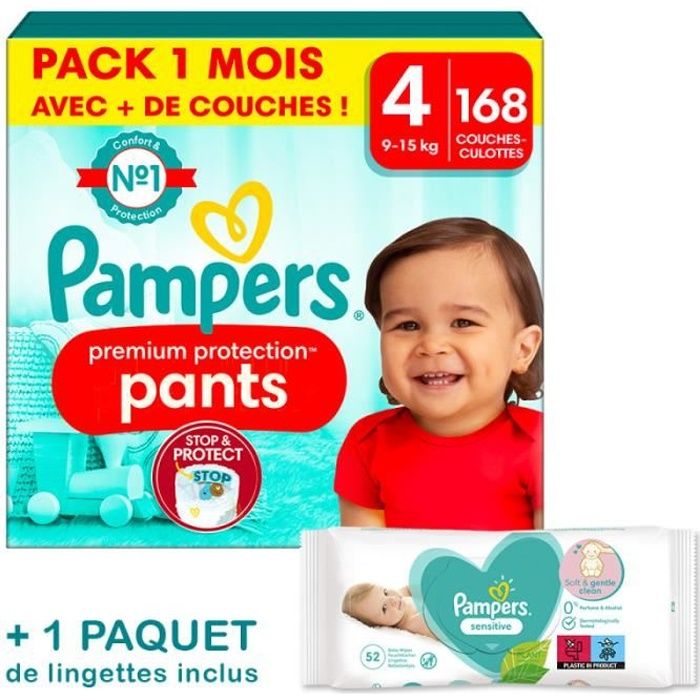 Couches Pampers Premium Protection Pants Taille 4 - Pack 1 mois 168 Couches